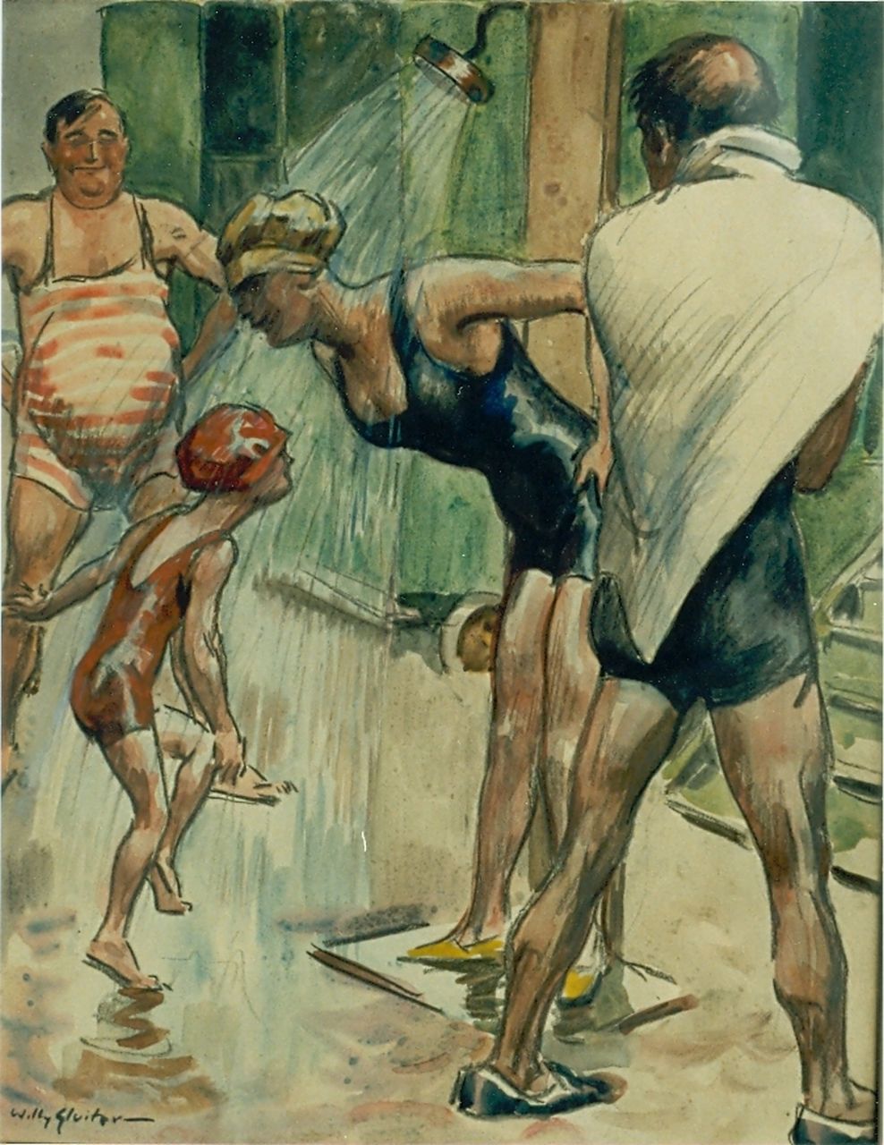 Sluiter J.W.  | Jan Willem 'Willy' Sluiter, A cold shower, Gemischte Technik auf Papier 48,0 x 37,0 cm, signed l.l.