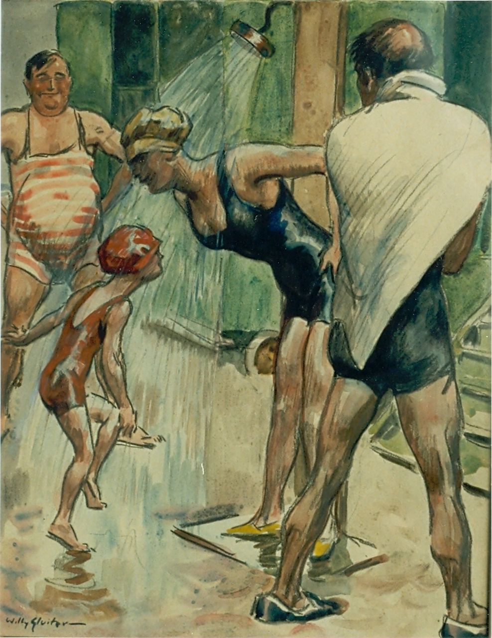 Sluiter J.W.  | Jan Willem 'Willy' Sluiter, A cold shower, Gemischte Technik auf Papier 48,0 x 37,0 cm, signed l.l.