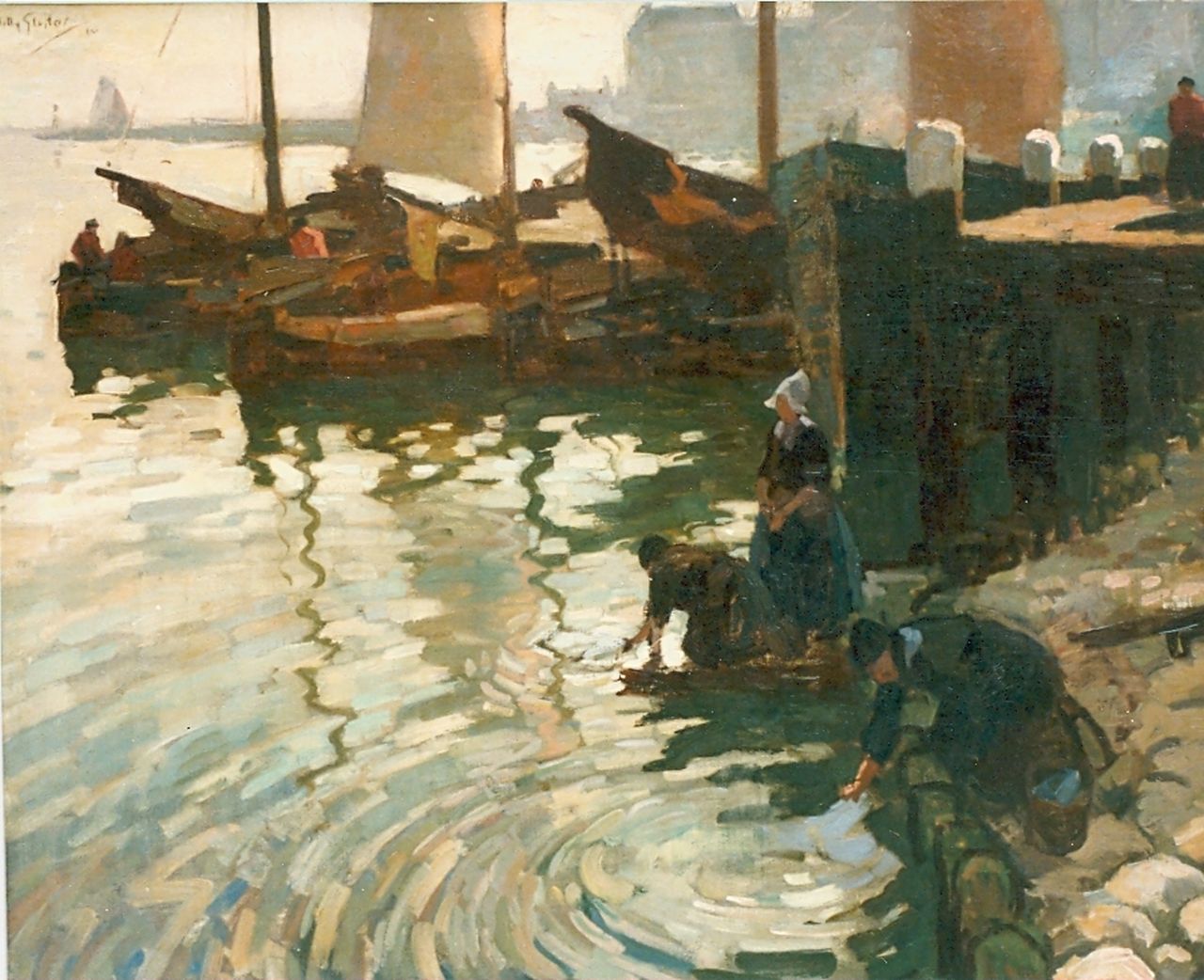 Sluiter J.W.  | Jan Willem 'Willy' Sluiter, The Volendam harbour with washerwomen, Öl auf Leinwand 80,5 x 100,0 cm, signed l.l. und dated '10