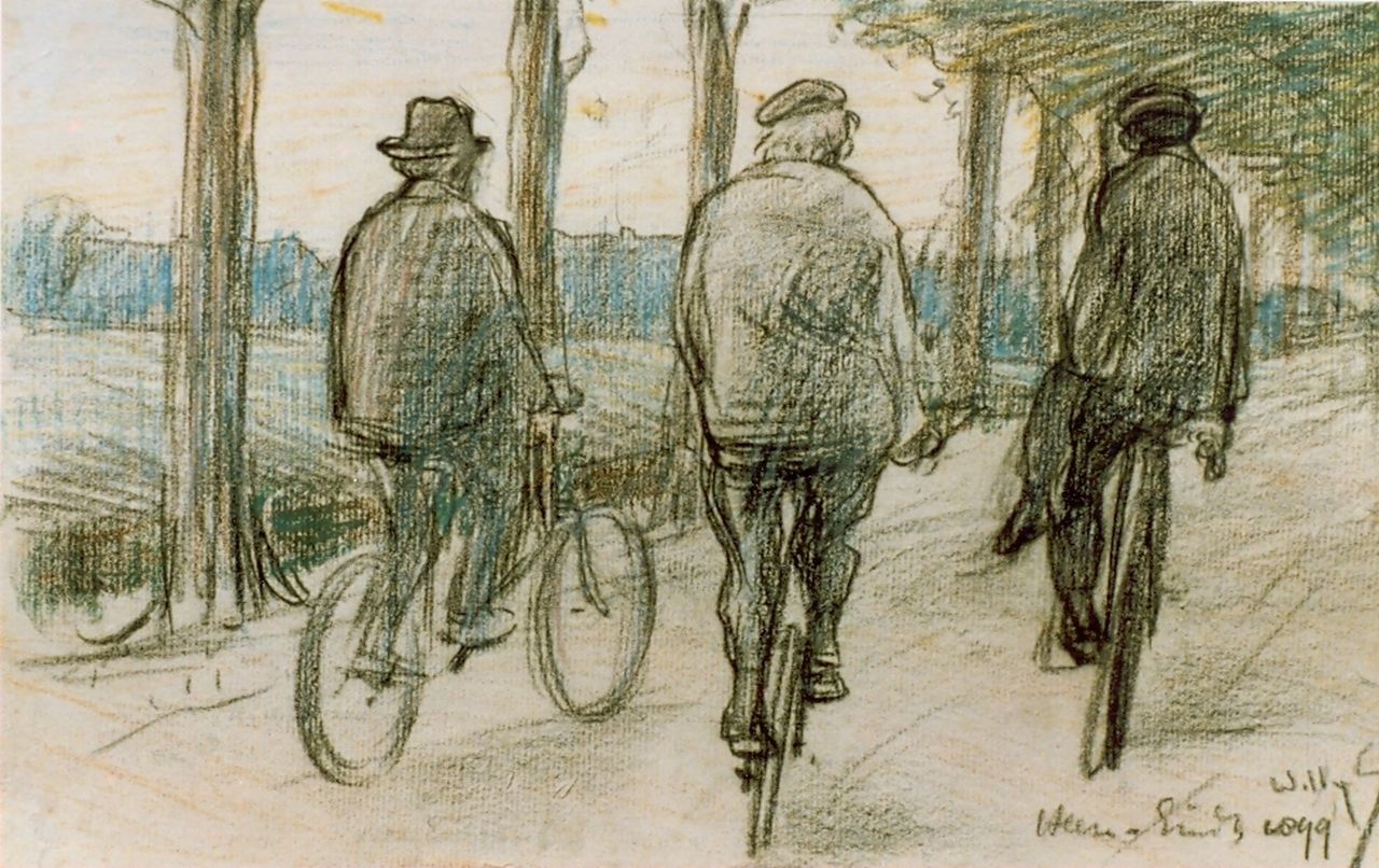 Sluiter J.W.  | Jan Willem 'Willy' Sluiter, Three cyclists, Zeichnung auf Papier 19,0 x 32,0 cm, signed l.r.