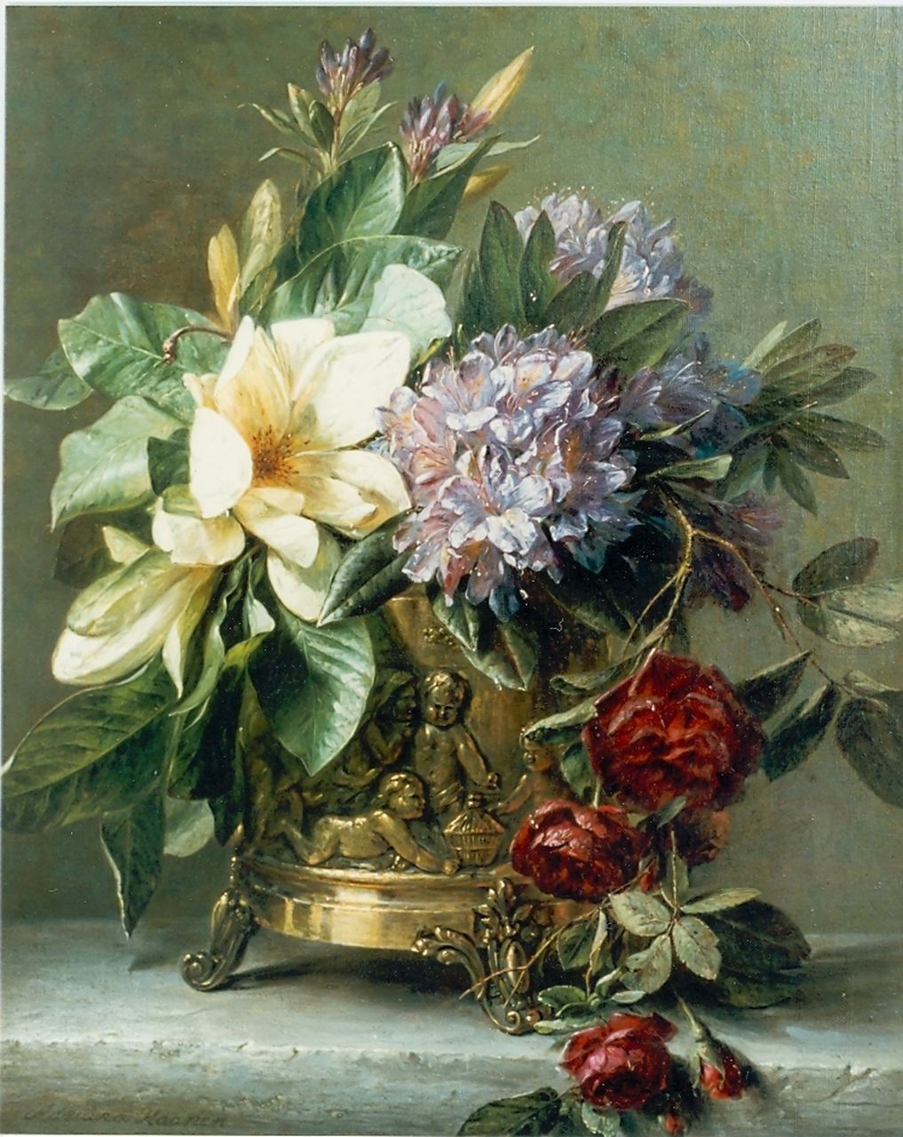 Haanen A.J.  | Adriana Johanna Haanen, Flowers in a copper pot, Öl auf Leinwand 63,6 x 50,8 cm, signed l.l