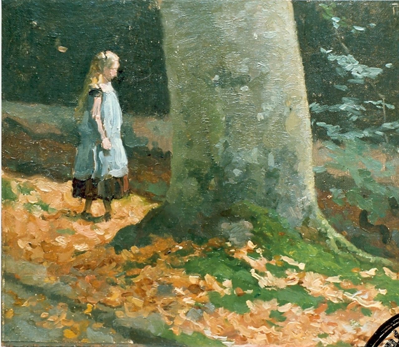 Tholen W.B.  | Willem Bastiaan Tholen, Young girl in a wooded landscape, Öl auf Leinwand auf Holz 21,3 x 26,2 cm, signed u.r.