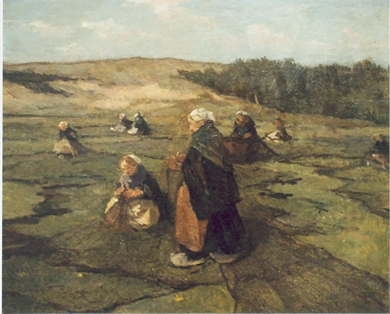 Akkeringa J.E.H.  | 'Johannes Evert' Hendrik Akkeringa, A dune landscape with women mending the nets, Öl auf Holz 47,0 x 58,0 cm