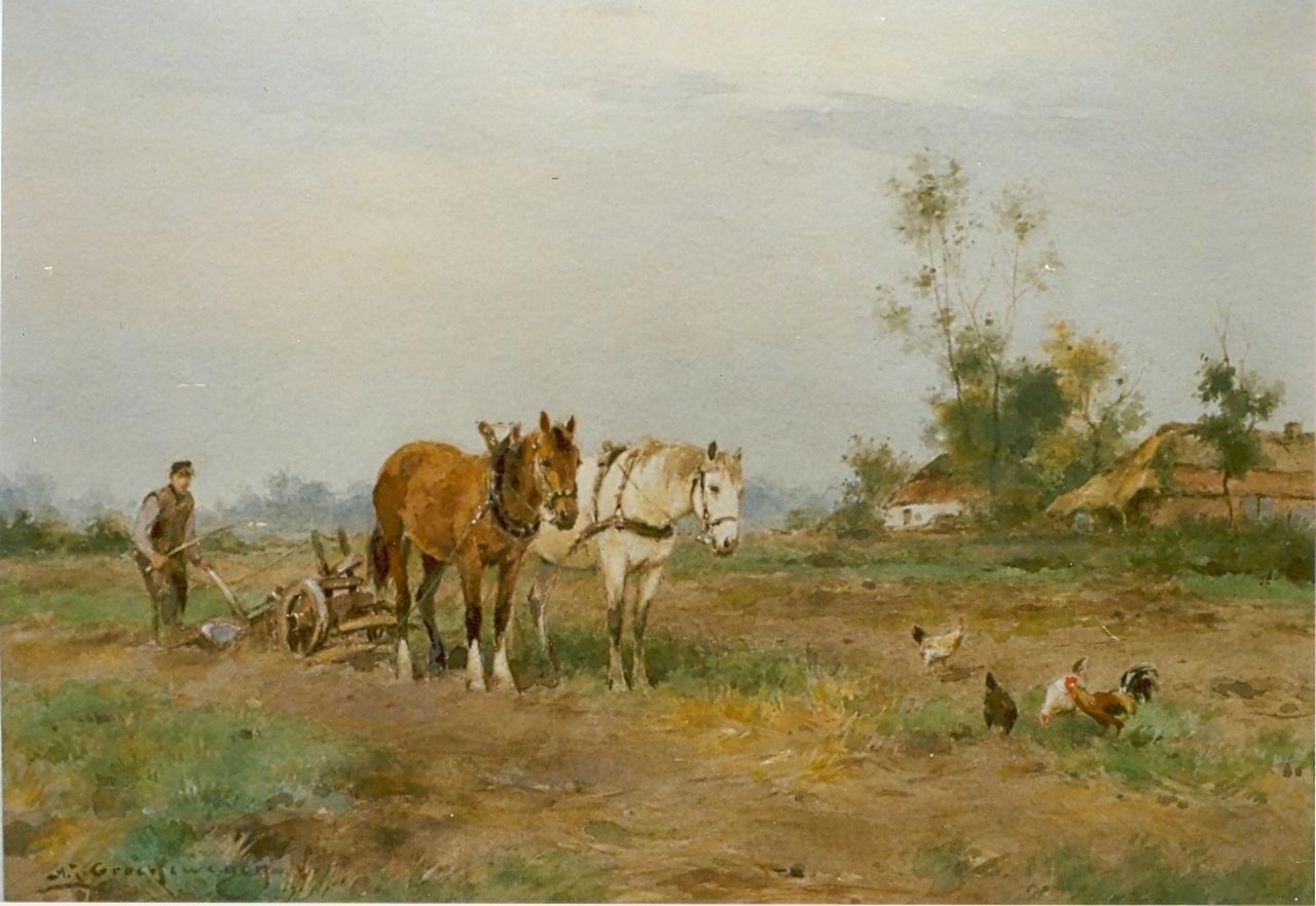 Groenewegen A.J.  | Adrianus Johannes Groenewegen, A ploughing  farmer, Aquarell auf Papier 24,2 x 34,2 cm, signed l.l.