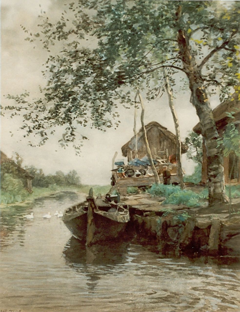 Tholen W.B.  | Willem Bastiaan Tholen, Farm along a waterway, Aquarell auf Papier 42,0 x 33,0 cm, signed l.l.