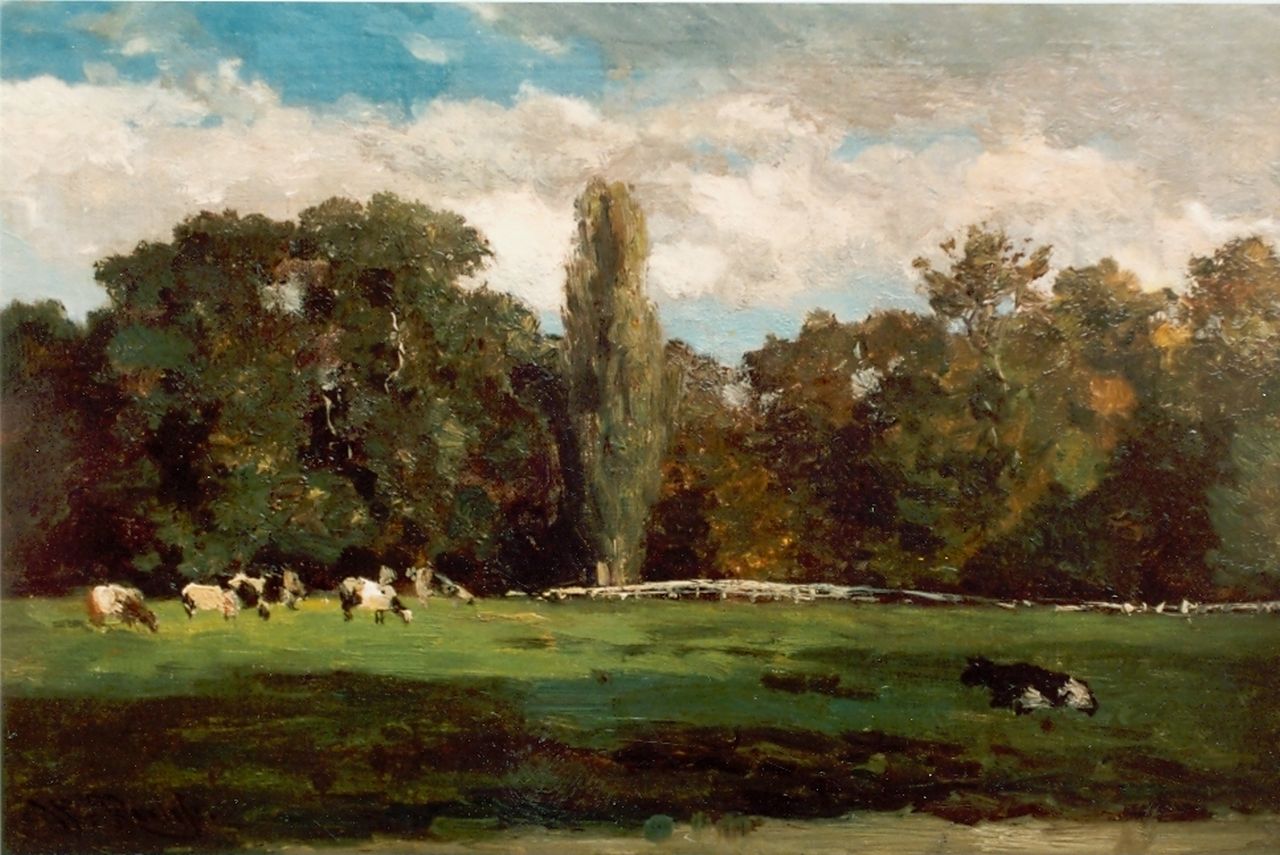 Roelofs W.  | Willem Roelofs, Cows in a meadow, Voorn Utrecht, Öl auf Leinwand auf Holz 25,7 x 40,5 cm, signed l.l.