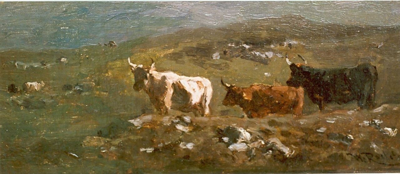 Roelofs W.  | Willem Roelofs, Mountainous landscape with cows, Öl auf Leinwand auf Holz 12,0 x 26,3 cm, signed l.r.
