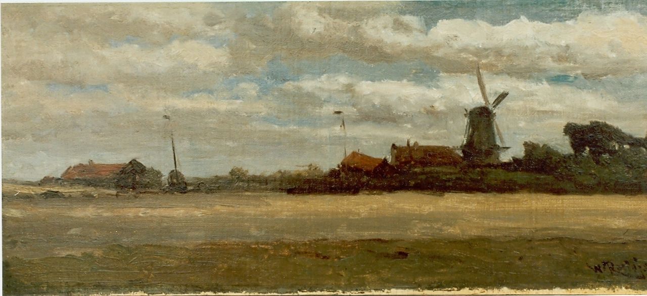 Roelofs W.  | Willem Roelofs, Village along a waterway, Öl auf Leinwand auf Holz 16,8 x 38,5 cm, signed l.r.