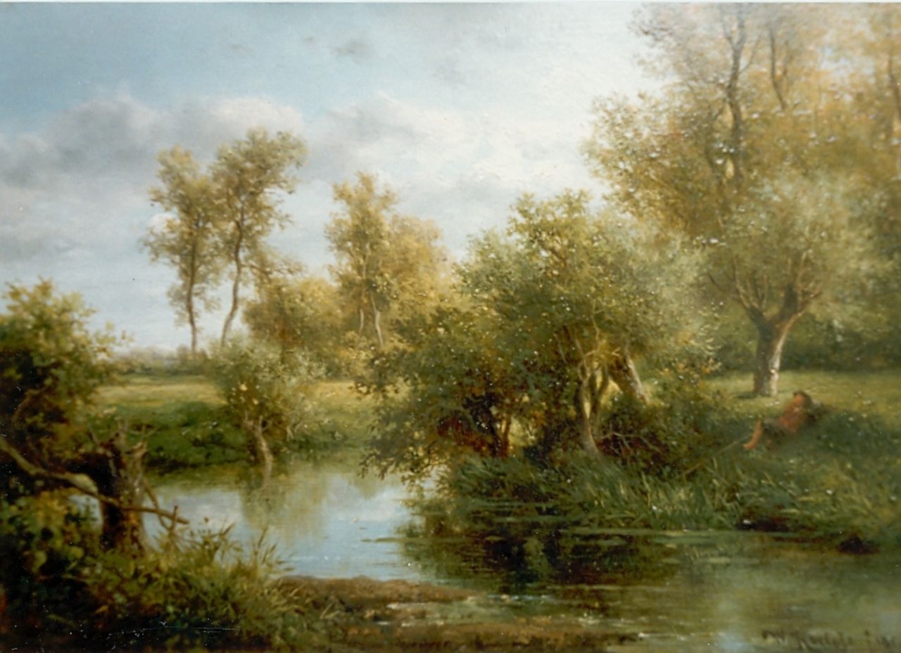 Roelofs W.  | Willem Roelofs, Angler in a forest landscape, Öl auf Holz 25,0 x 35,5 cm, Unterzeichnet r.u. und datiert '51