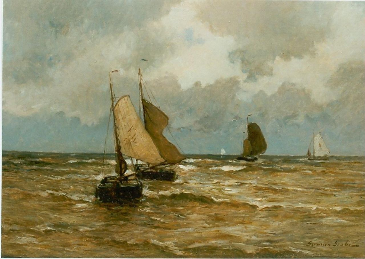 Grobe P.G.  | Philipp 'German' Grobe, Coastal scene with sailing boats, Öl auf Leinwand 60,0 x 80,0 cm, signed l.r.