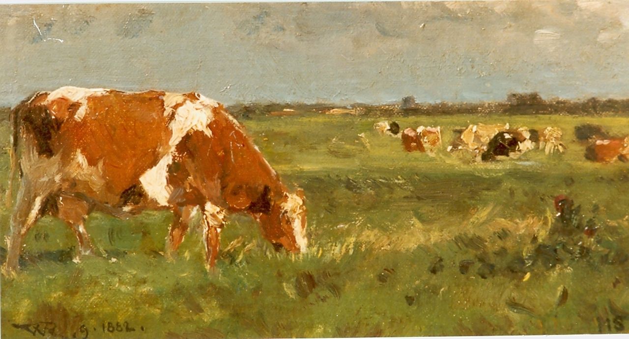 Roelofs W.  | Willem Roelofs, Cows in a meadow, Öl auf Holz 11,2 x 20,4 cm, signed l.r. and l.l. und dated 1882