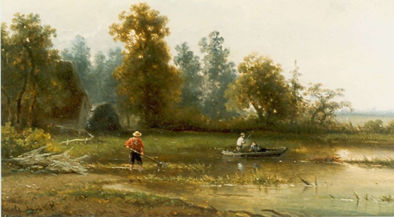 Meiners C.H.  | Claas Hendrik Meiners, Anglers in a river landscape, Öl auf Holz 25,0 x 35,5 cm, signed l.l.