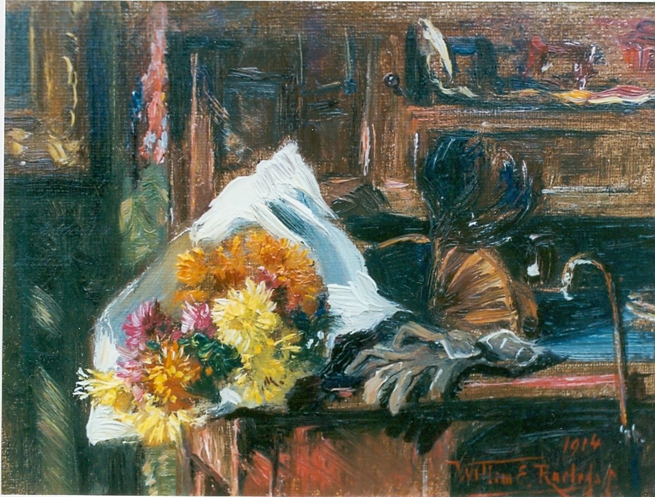 Roelofs jr. W.E.  | Willem Elisa Roelofs jr., Still life with chrysanthemums and gloves, Öl auf Leinwand auf Holz 13,0 x 18,0 cm, signed l.r. und dated 1914