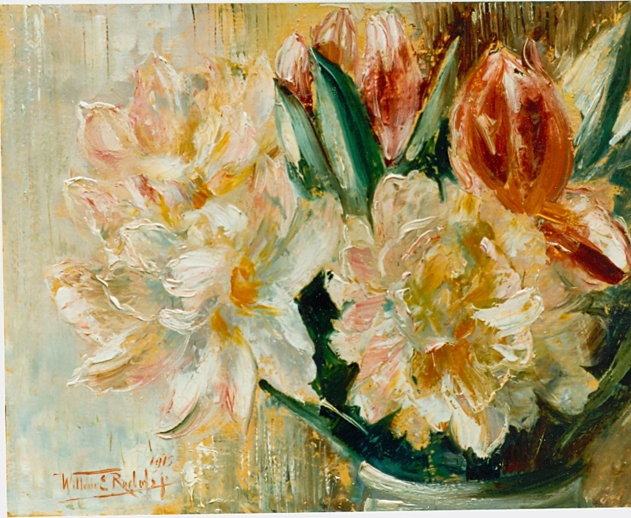 Roelofs jr. W.E.  | Willem Elisa Roelofs jr., A flower still life, Öl auf Papier 21,0 x 26,5 cm, signed l.l. und dated 1915