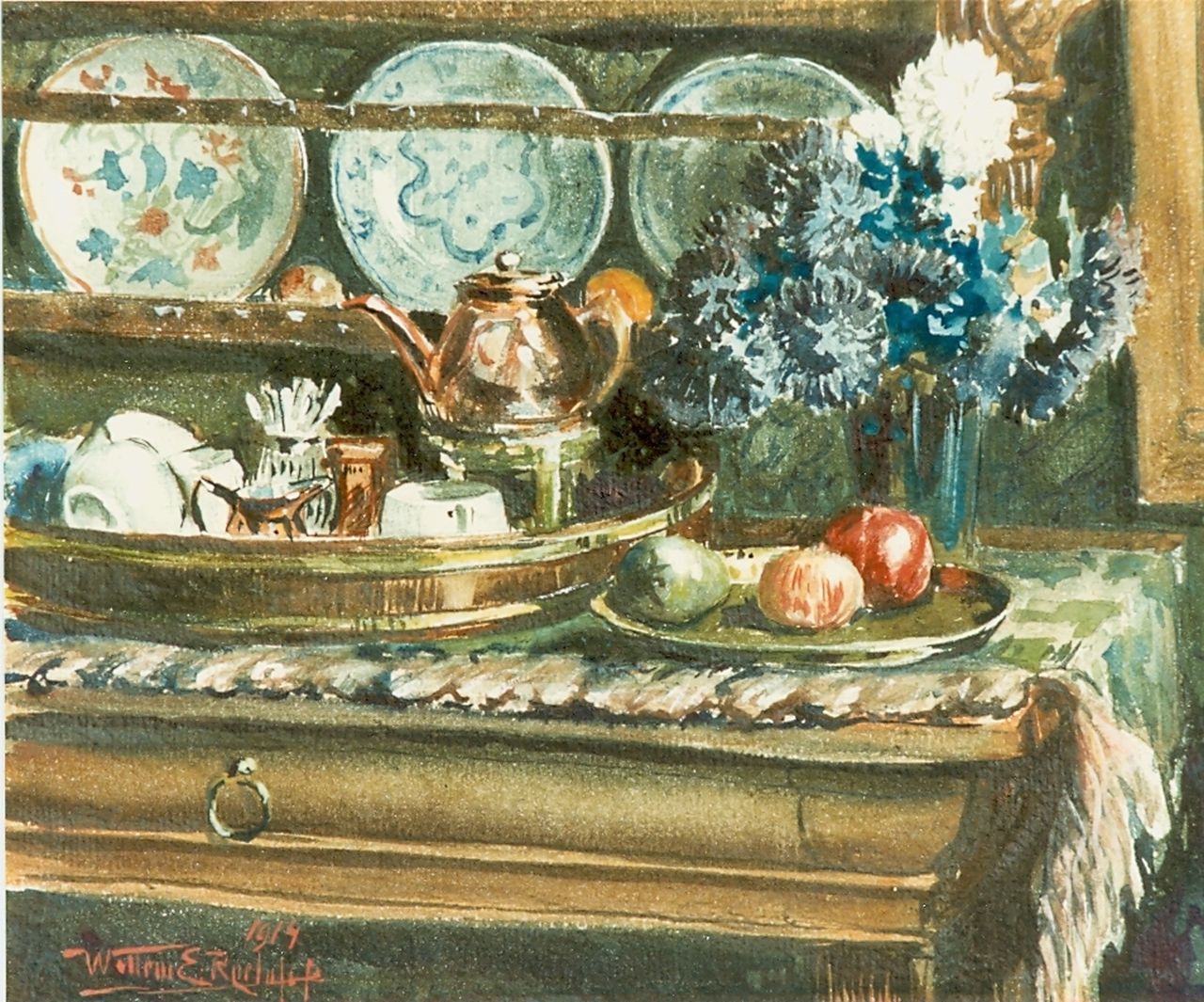 Roelofs jr. W.E.  | Willem Elisa Roelofs jr., Buffet with tableware, Aquarell auf Papier 20,0 x 26,0 cm, signed l.l. und dated 1914