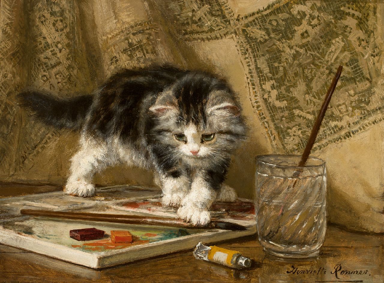 Ronner-Knip H.  | Henriette Ronner-Knip, Kitten at play, Öl auf Leinwand auf Holz 24,0 x 32,1 cm, signed l.r.