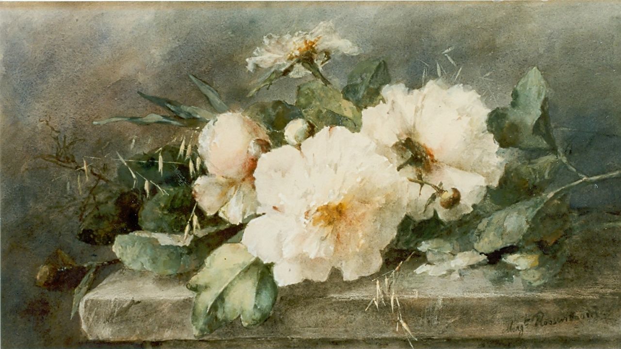 Roosenboom M.C.J.W.H.  | 'Margaretha' Cornelia Johanna Wilhelmina Henriëtta Roosenboom, Peonies on a marble ledge, Aquarell auf Papier 39,5 x 74,5 cm, signed l.r.