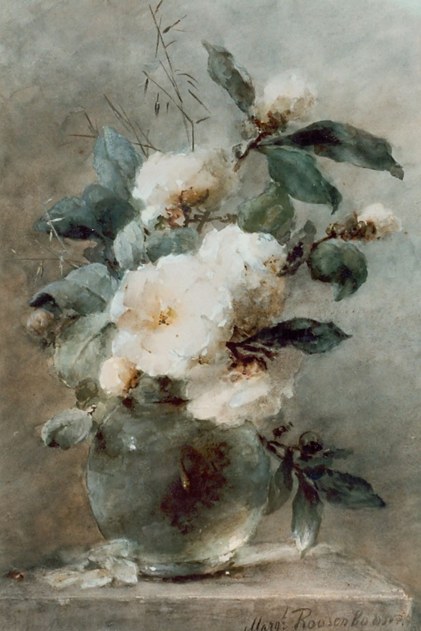 Roosenboom M.C.J.W.H.  | 'Margaretha' Cornelia Johanna Wilhelmina Henriëtta Roosenboom, White roses in a glass vase, Gouache auf Pappe 69,0 x 47,5 cm, signed l.r.
