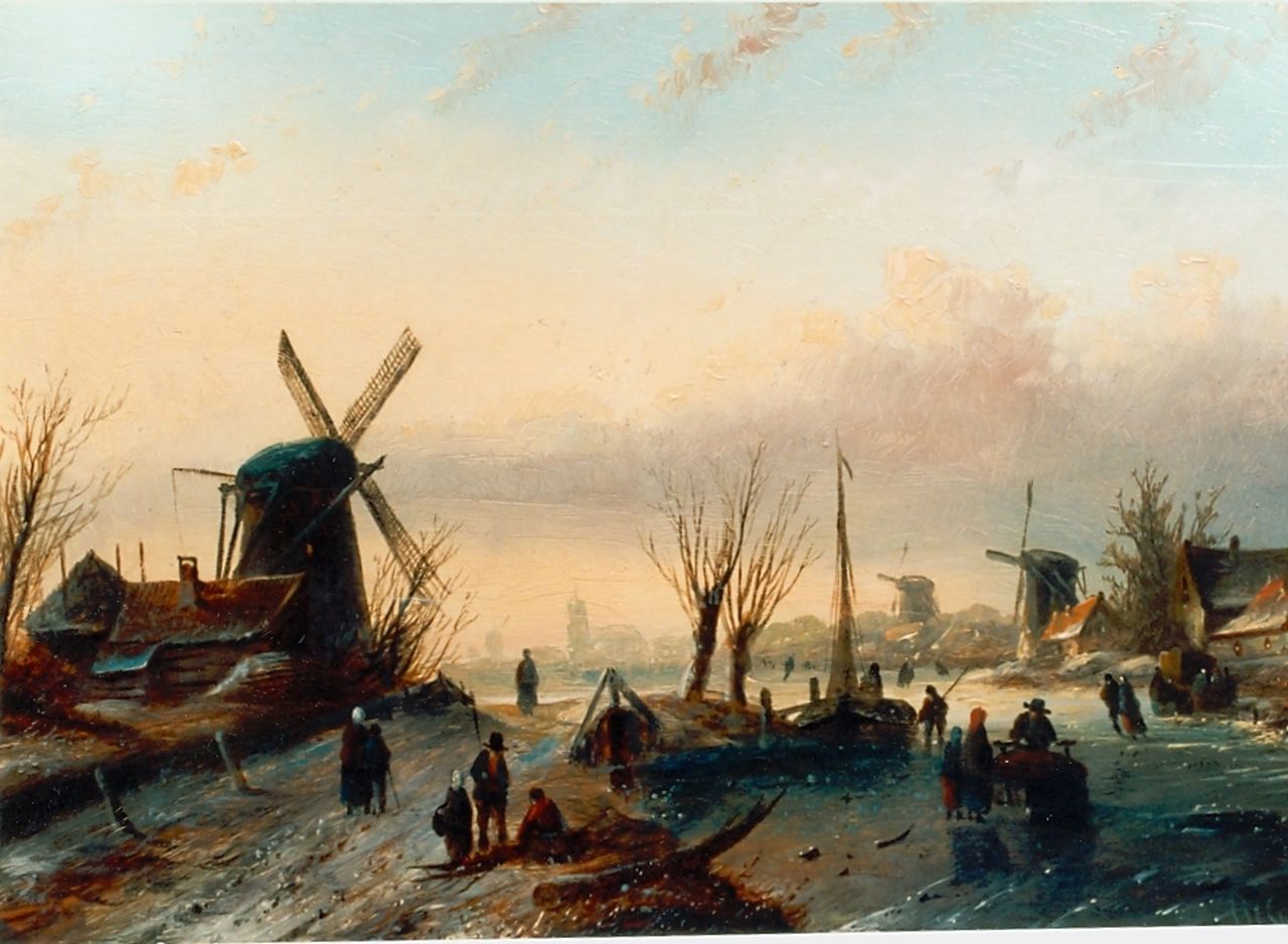 Spohler J.J.C.  | Jacob Jan Coenraad Spohler, Skaters on the ice, with a town in the distance, Öl auf Holz 24,0 x 34,0 cm, signed l.r.