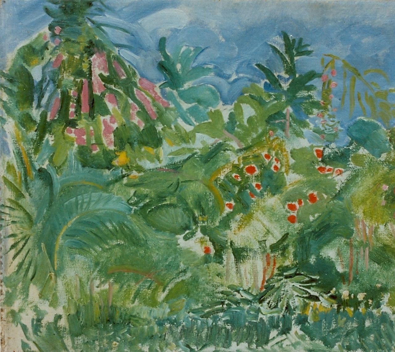 Gouwe A.H.  | Adriaan Herman Gouwe, A garden, Tahiti, Öl auf Leinwand auf Holz 34,0 x 38,7 cm, signed l.l.