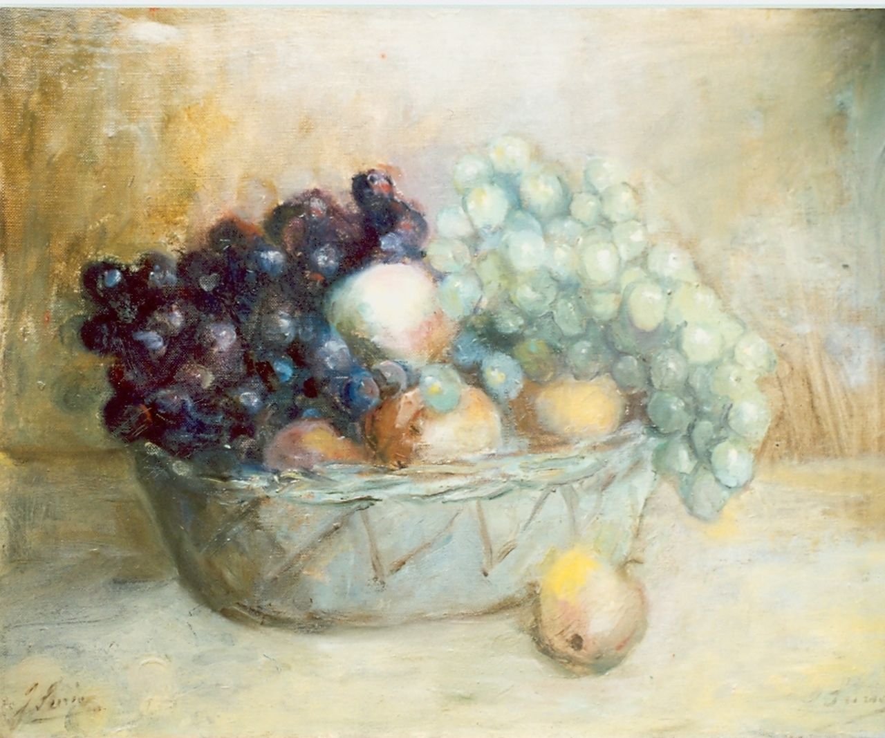 Surie J.  | Jacoba 'Coba' Surie, Basket with peaches and grapes, Öl auf Leinwand 40,0 x 50,0 cm, signed l.l. + l.r.