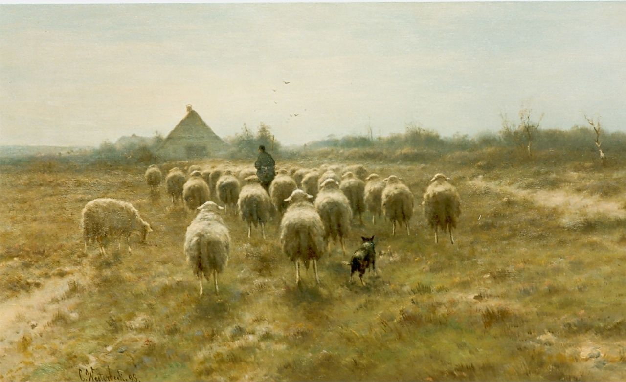 Westerbeek C.  | Cornelis Westerbeek, A shepherd and flock, Öl auf Holz 60,0 x 105,0 cm, signed l.l.