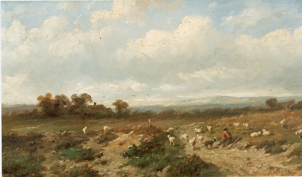 Wijngaerdt A.J. van | Anthonie Jacobus van Wijngaerdt, A shepherd and flock, Öl auf Holz 23,5 x 36,0 cm, signed l.r.