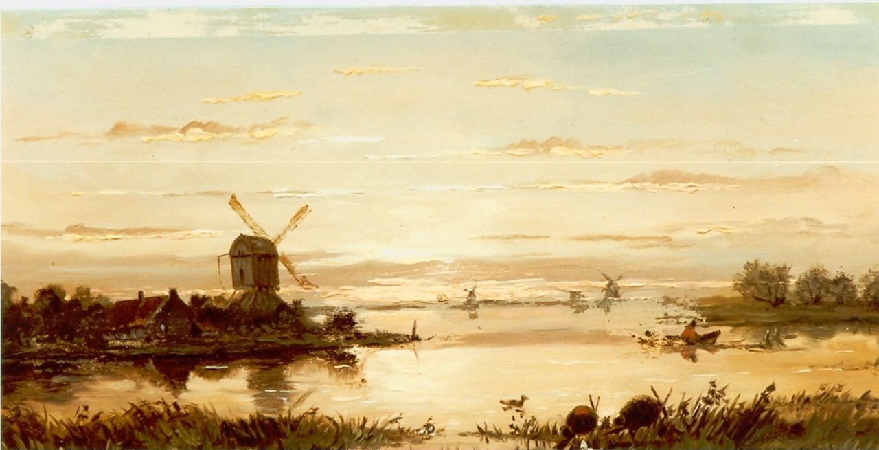 Wijngaerdt A.J. van | Anthonie Jacobus van Wijngaerdt, A river landscape, Öl auf Holz 19,0 x 36,0 cm, signed l.l.