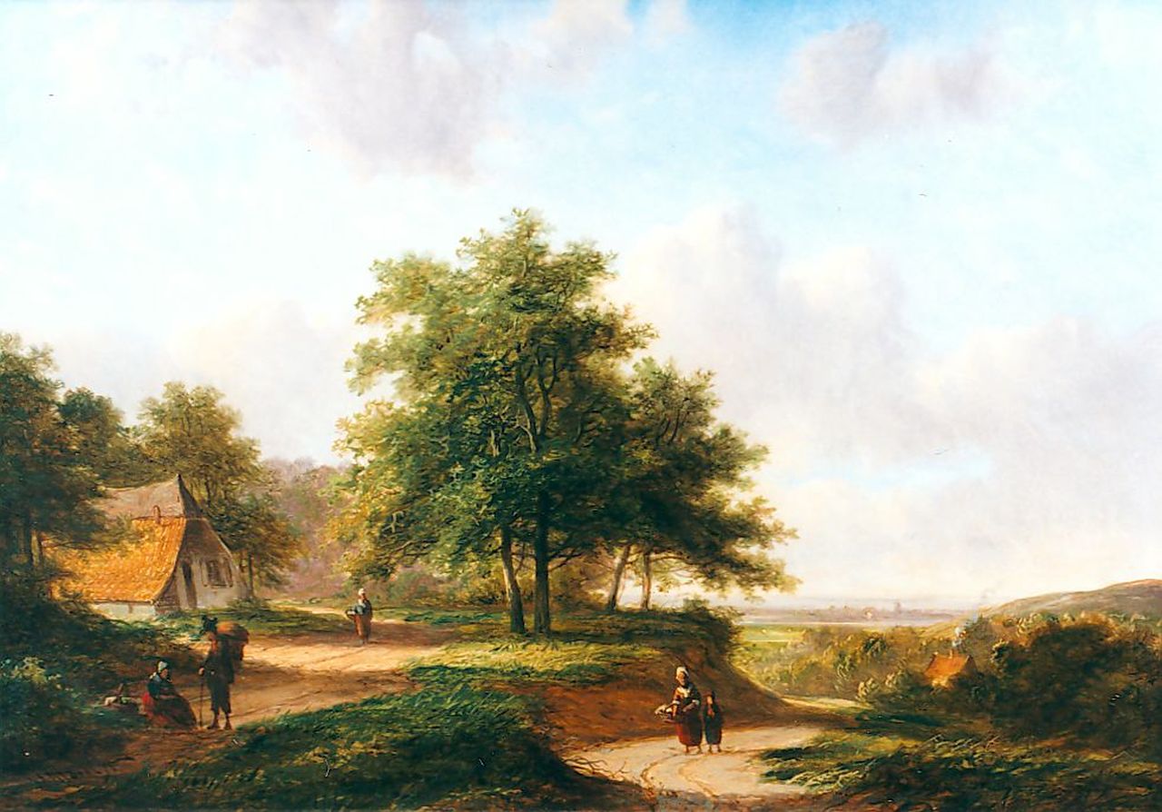 Morel II J.E.  | Jan Evert Morel II, A panoramic landscape with travellers on a path, Öl auf Holz 22,8 x 32,0 cm, signed l.l.