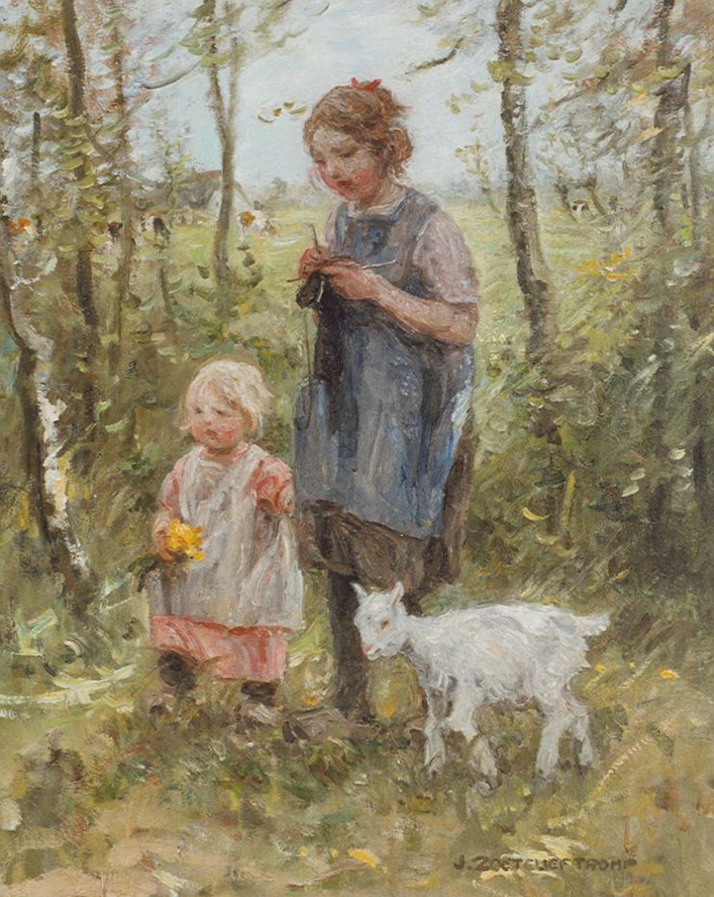 Zoetelief Tromp J.  | Johannes 'Jan' Zoetelief Tromp, Homeward bound, two children and a goat, Öl auf Leinwand 59,7 x 50,0 cm