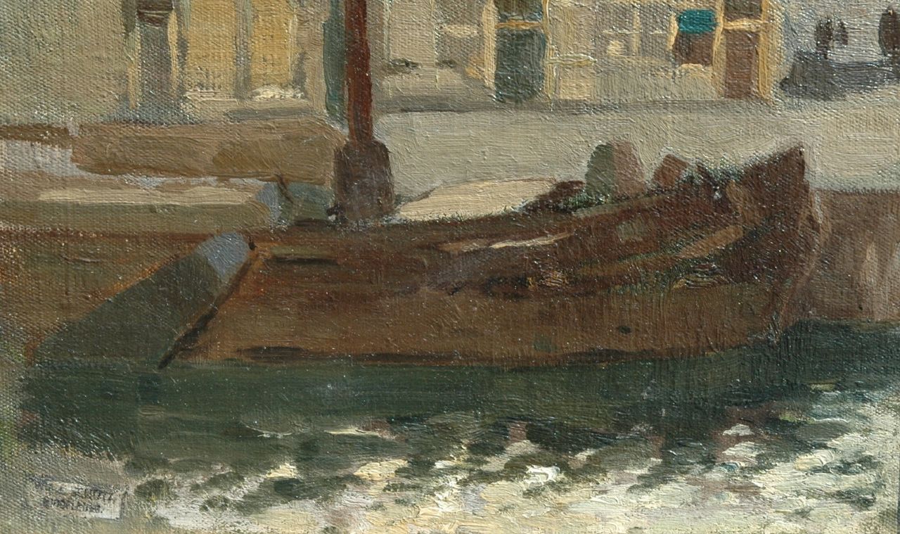Schütz W.J.  | Willem Johannes Schütz, A moored barge, Öl auf Leinwand auf Holz 16,5 x 26,5 cm, signed with studio stamp