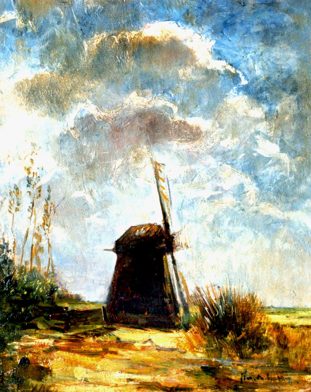 Maris S.W.  | Simon Willem Maris, A windmill in a polder landscape, Öl auf Holz 39,9 x 31,6 cm, signed l.r.