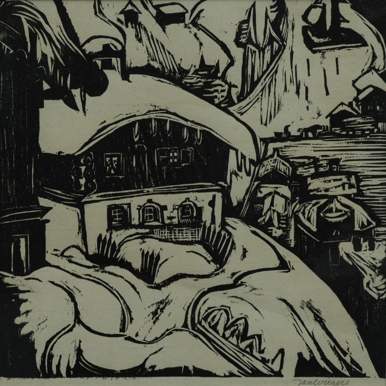 Wiegers J.  | Jan Wiegers, The house of Ernst Ludwig Kirchner, Davos, Holzstich auf Papier 29,5 x 29,5 cm, signed l.r. in pencil