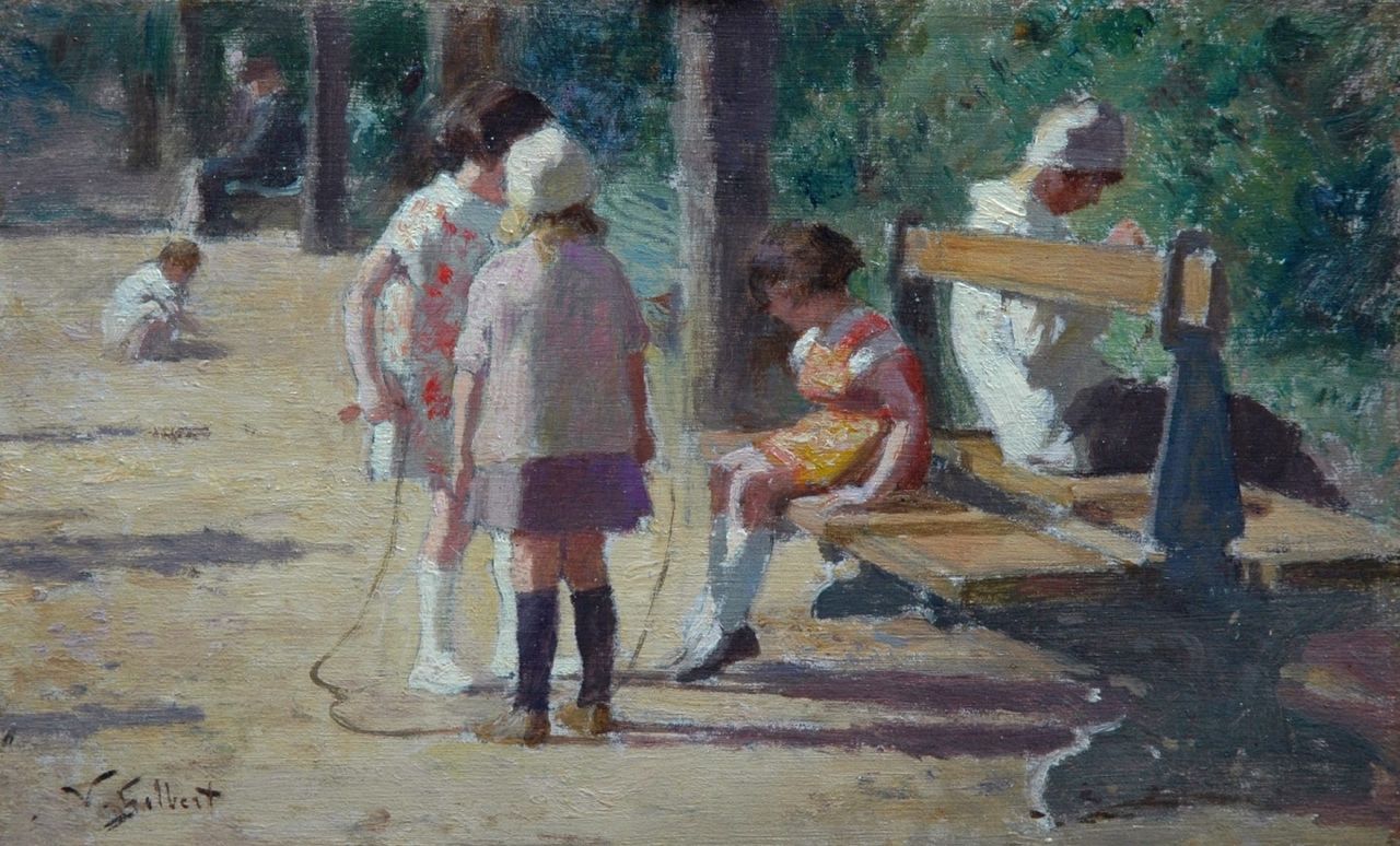 Gilbert V.G.  | Victor Gabriel Gilbert, Children playing in a park, Öl auf Holz 13,6 x 22,0 cm, signed l.l.