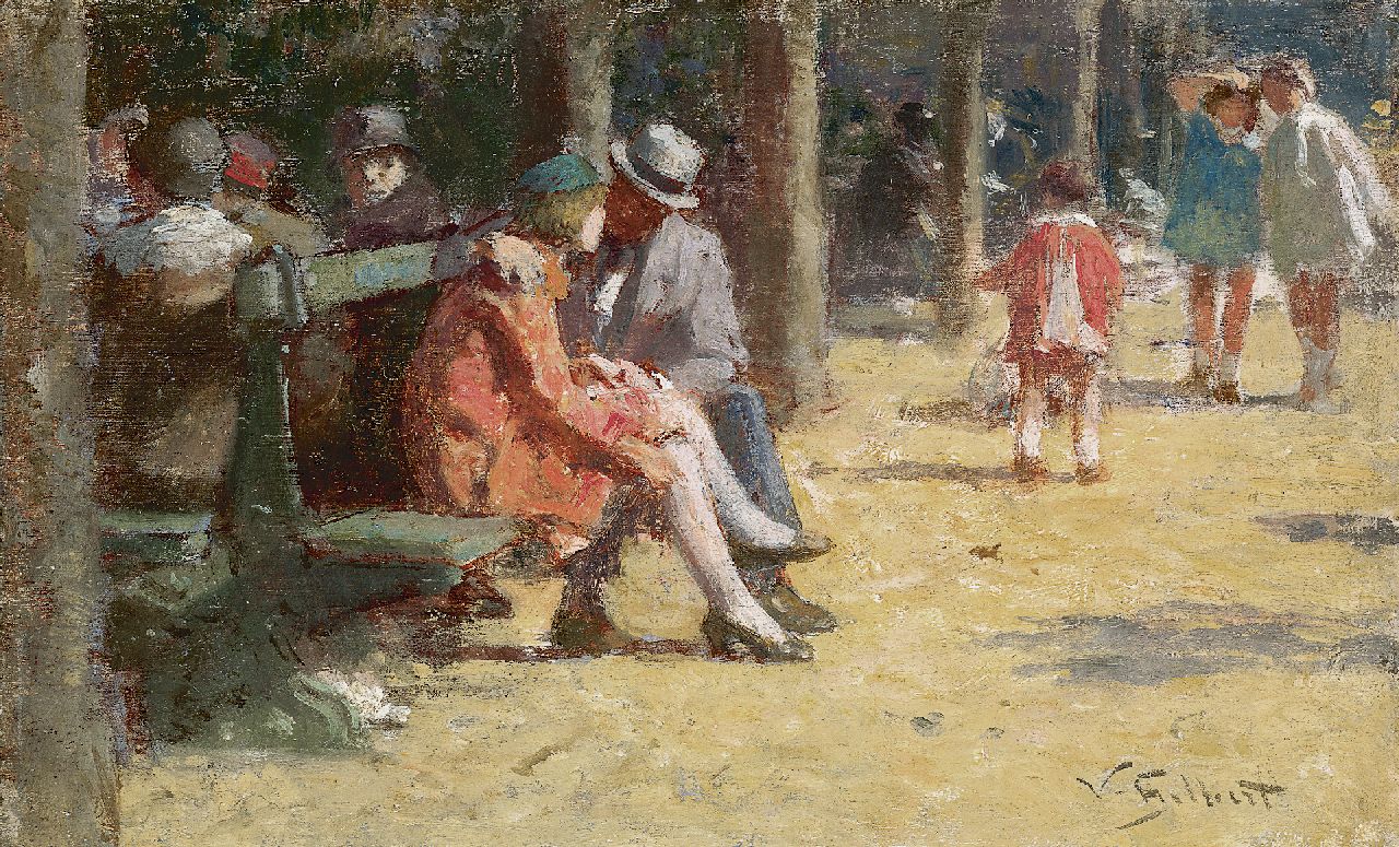 Gilbert V.G.  | Victor Gabriel Gilbert, Courting on a bench, Place des Vosges, Paris, Öl auf Holz 13,6 x 22,0 cm, signed l.r.
