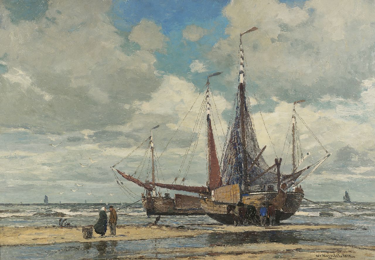 Hambüchen W.  | Wilhelm Hambüchen, Herring fishermen on the beach, Öl auf Leinwand 66,6 x 95,7 cm, signed l.r.