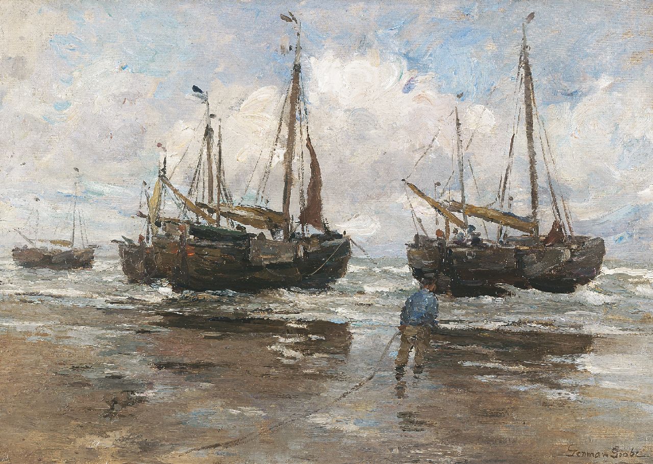 Grobe P.G.  | Philipp 'German' Grobe, Fishing boats on the beach, Öl auf Leinwand  auf Holzfaser 43,9 x 62,8 cm, signed l.r.