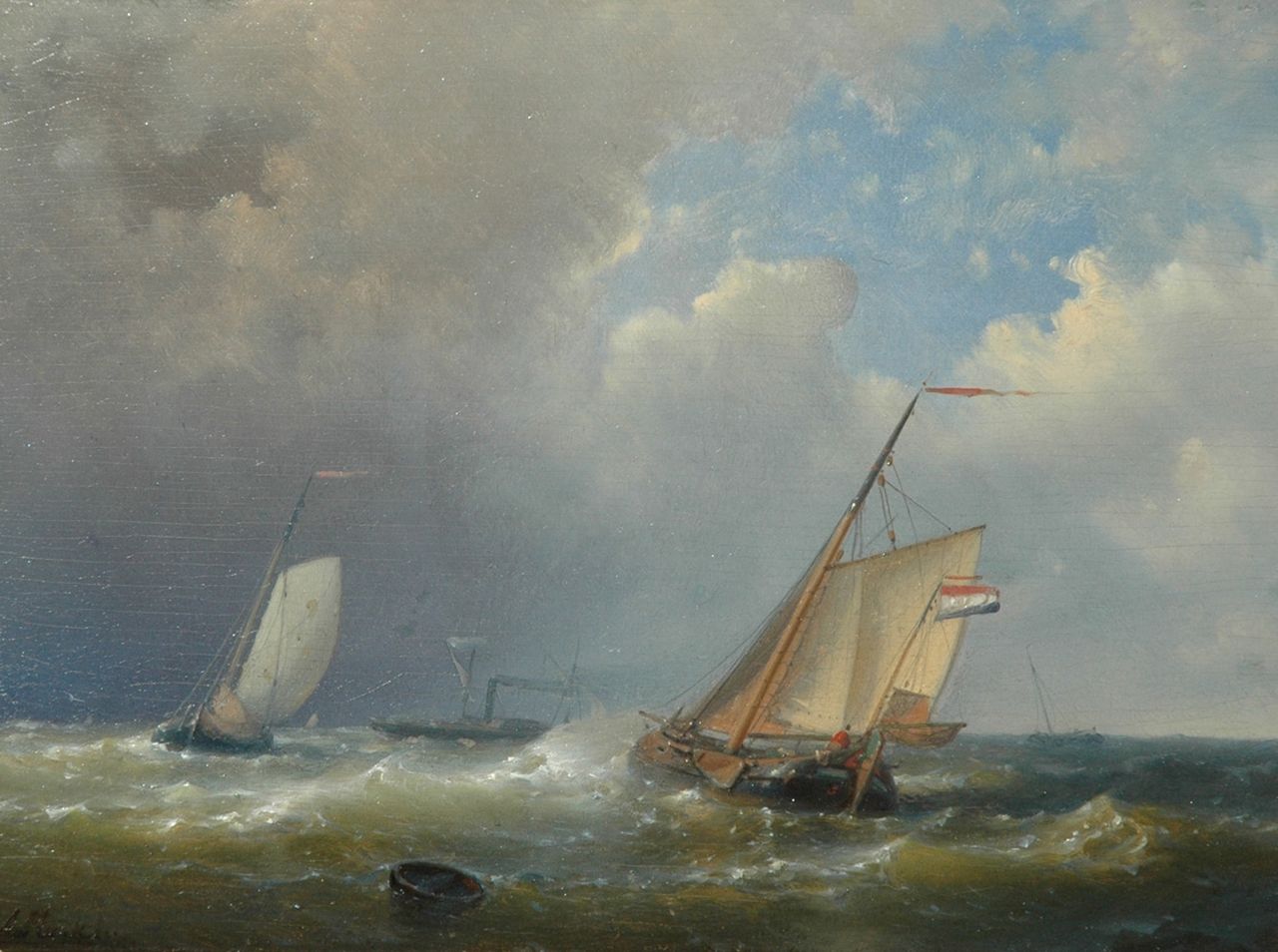 Hulk A.  | Abraham Hulk, Dutch ships sailing in choppy seas, Öl auf Holz 18,0 x 24,6 cm, signed l.l.