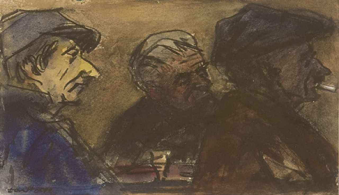 Hoope C.J.B. ten | Cornelis Jan 'Bob' ten Hoope | Aquarelle und Zeichnungen zum Verkauf angeboten | Café Brun, Pont-en-Royans ( Isère, Frankreich), Holzkohle und Aquarell auf Papier 14,6 x 21,0 cm, Unterzeichnet u.l. und datiert 'mei 1972, Laren'