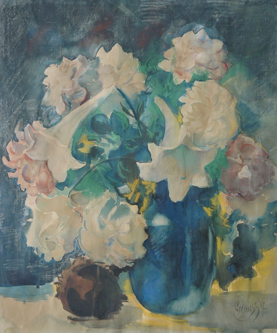 Geert Grauss | Flowers in a blue vase, Pastell und Aquarell auf Papier, 67,8 x 56,4 cm, signed l.r. und dated '17