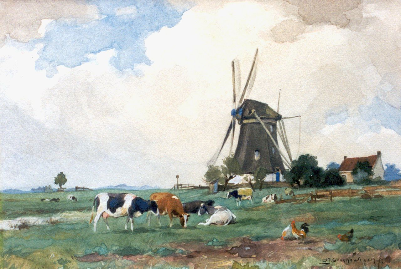 Groenewegen A.J.  | Adrianus Johannes Groenewegen, Cows and chickens near a windmill, Aquarell auf Papier 18,3 x 26,3 cm, signed l.r.