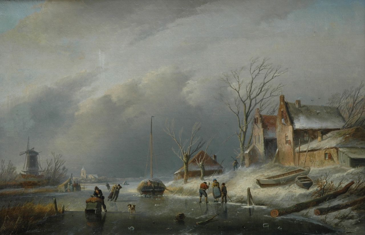 Spohler J.J.  | Jan Jacob Spohler, A winter landscape with skaters on the ice, Öl auf Leinwand 40,0 x 60,8 cm, signed l.l.