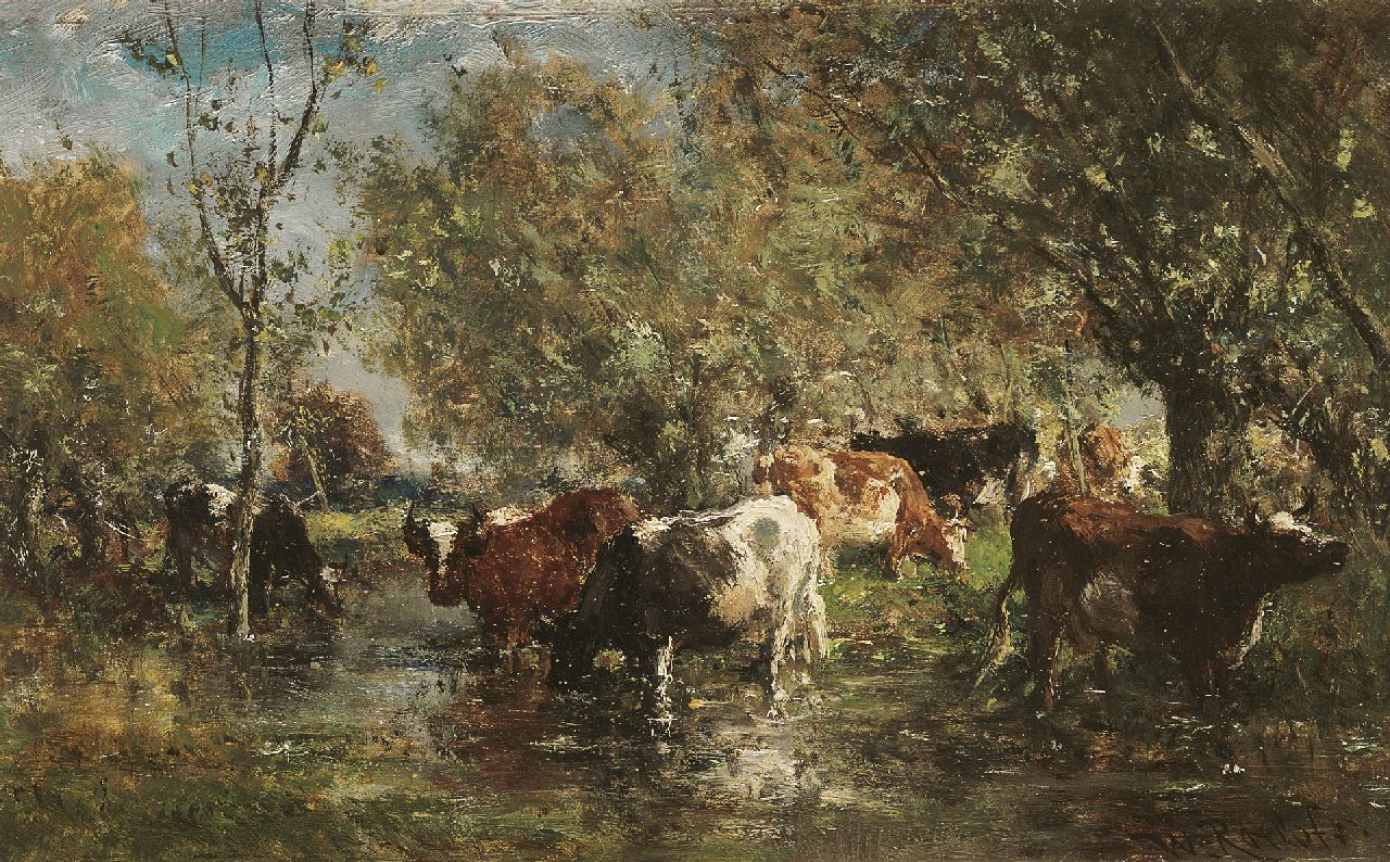 Roelofs W.  | Willem Roelofs, Drinking cows on the waterside, Öl auf Holz 17,2 x 27,1 cm, signed l.r.