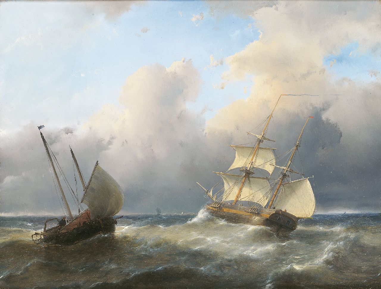 Schelfhout A.  | Andreas Schelfhout, Fishing boats in choppy seas, Öl auf Holz 27,0 x 35,5 cm, signed l.r.