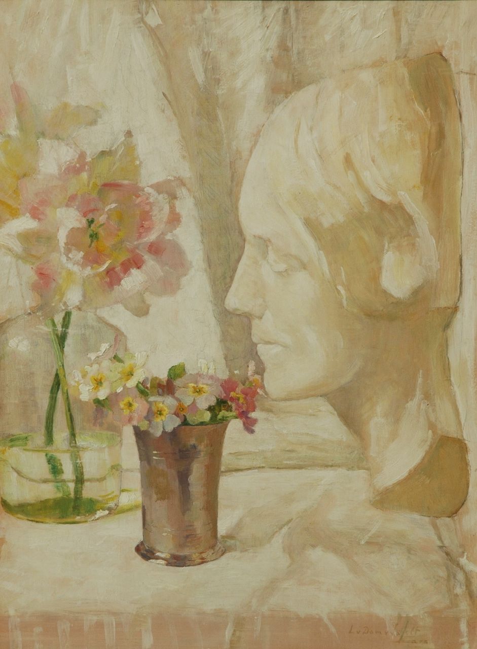 Dam van Isselt L. van | Lucie van Dam van Isselt, A still life with flowers and a plaster statue, Öl auf Holz 44,1 x 32,7 cm, signed l.r. und dated 1919 on the reverse