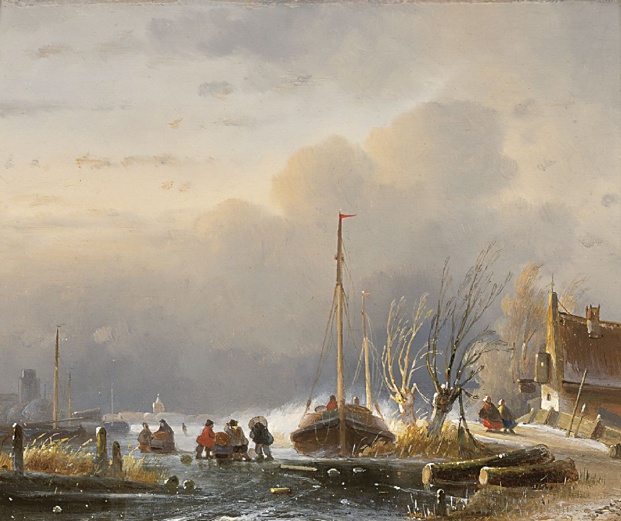 Hoen C.P. 't | Cornelis Petrus 't Hoen, Skaters on a frozen river, Öl auf Holz 18,5 x 23,3 cm, signed l.r. und '67 or '69