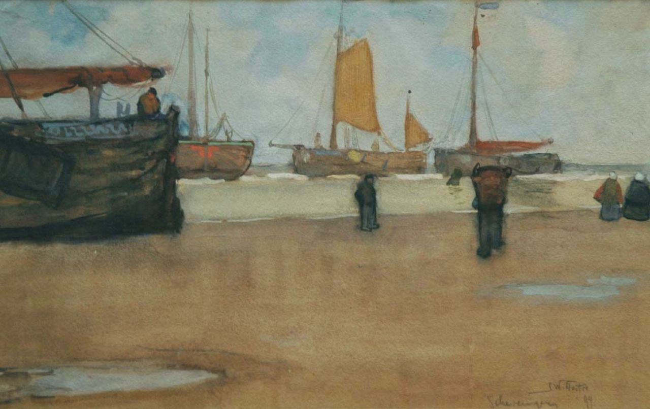 Sluiter J.W.  | Jan Willem 'Willy' Sluiter, Fishing boats from Scheveningen, Aquarell auf Papier 26,0 x 41,5 cm, signed l.r. und dated 'Scheveningen '94'