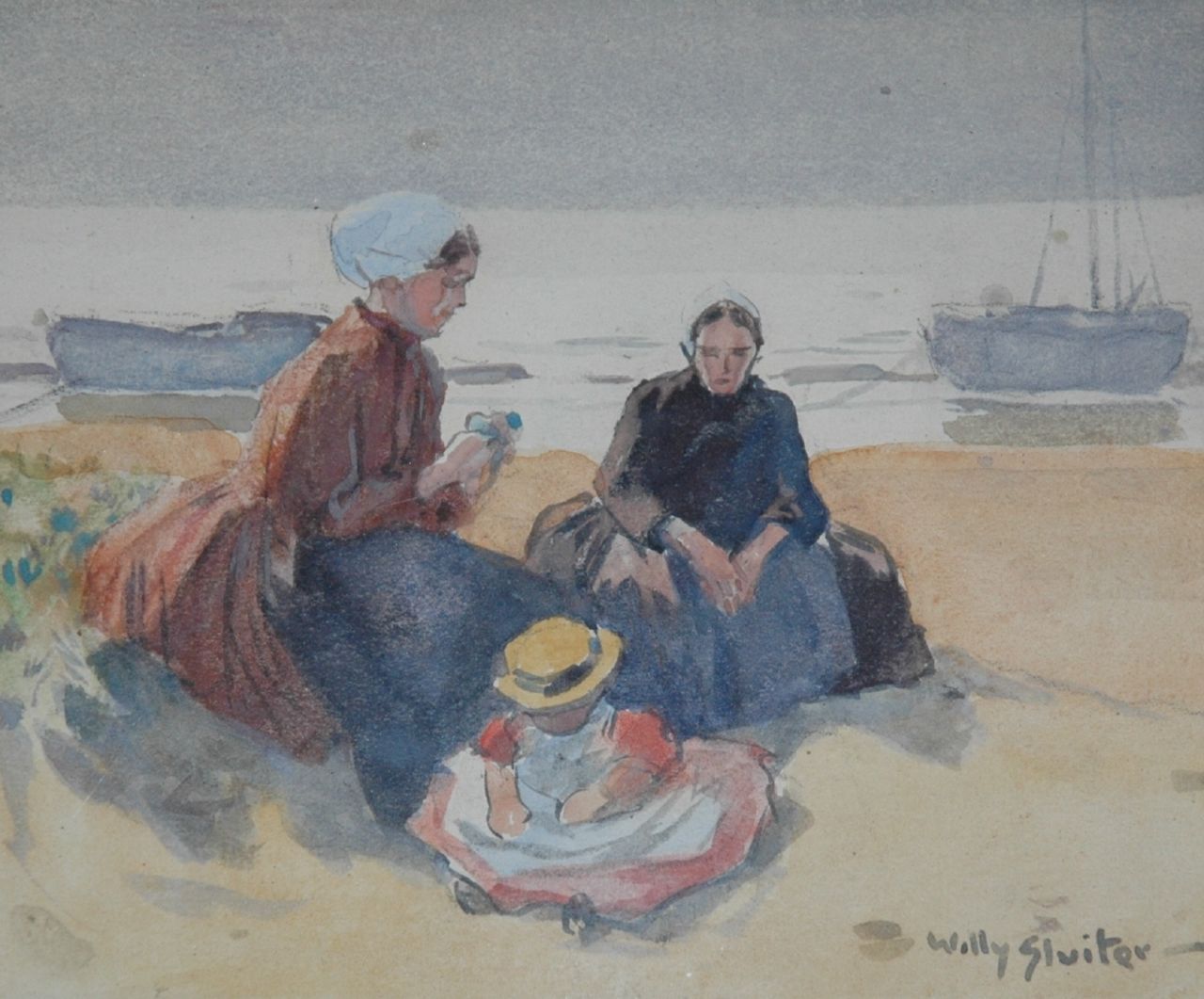 Sluiter J.W.  | Jan Willem 'Willy' Sluiter, Fisherwomen in the dunes, Aquarell auf Papier 11,0 x 13,5 cm, signed l.r.