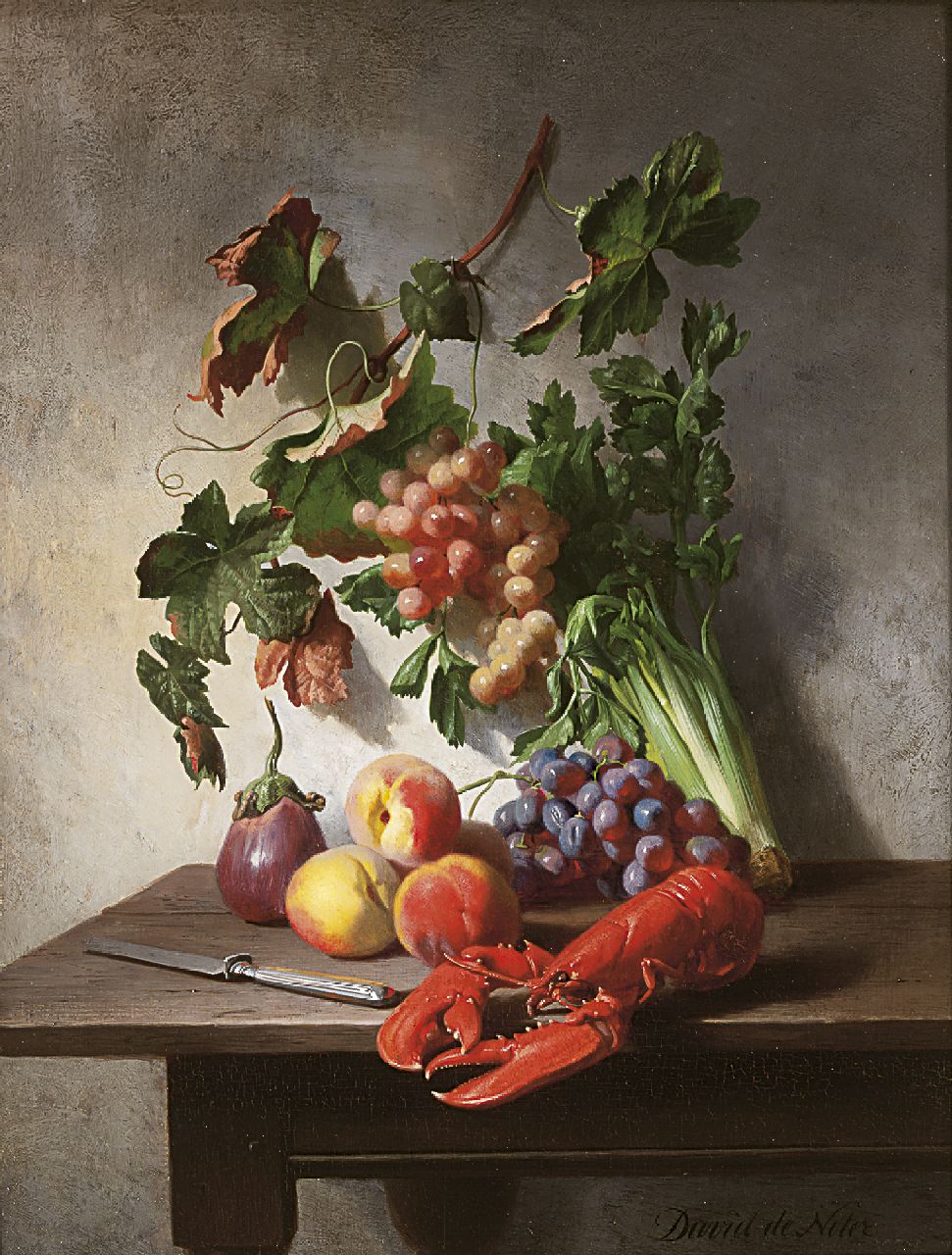 Noter D.E.J. de | 'David' Emile Joseph de Noter, A still life with fruits, vegetables and a lobster, Öl auf Holz 37,0 x 28,3 cm, signed l.r.