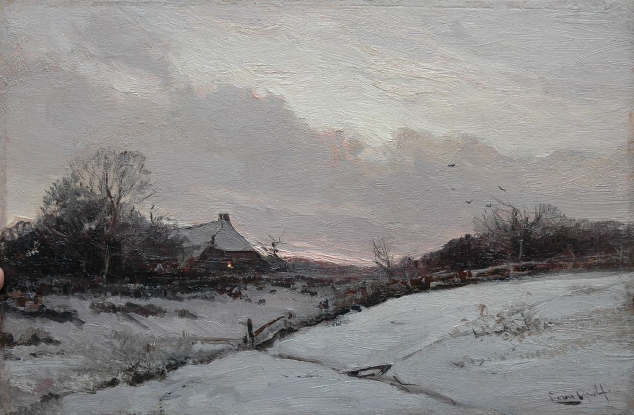 Apol L.F.H.  | Lodewijk Franciscus Hendrik 'Louis' Apol, Farm in the snow at sunset, Öl auf Holz 27,5 x 42,0 cm, signed l.r.
